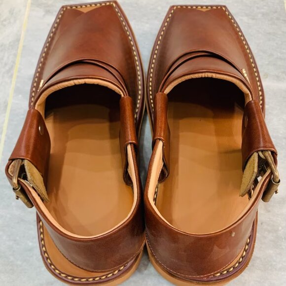 Dark Brown Leather Peshawari Chappal, Traditional Unique Style Comfortable - Picture 2 of 14
